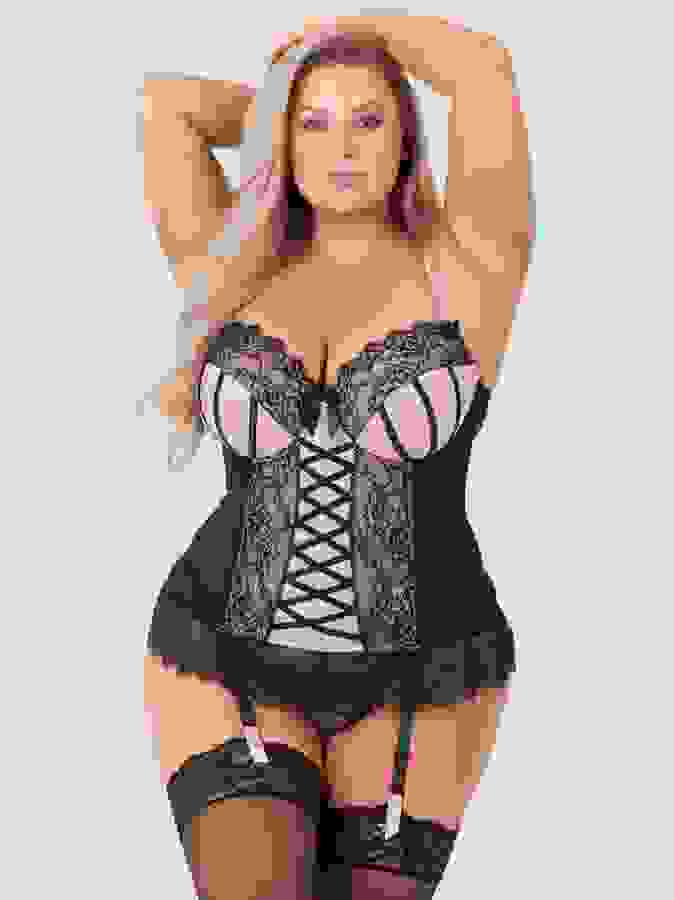 Lovehoney Plus Size Boudoir Belle Blush Pink Push-Up Basque Set, Pink, hi-res